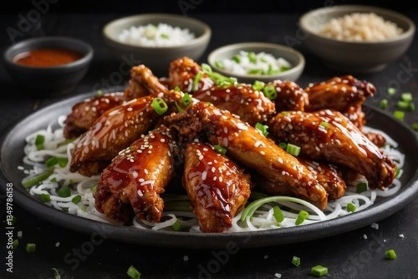 Obraz Crispy wings coated in glossy sauce shine on dark plate, capturing attention with sweet marinade aroma. Garnish of fresh onions completes tempting look for fans of succulent poultry