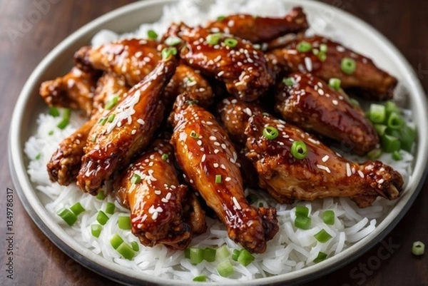 Obraz Glazed chicken wings arranged on white plate feature shiny coating and savory aroma. Sesame seeds and green onion add crunchy contrast, satisfying cravings for sweet, sticky flavors