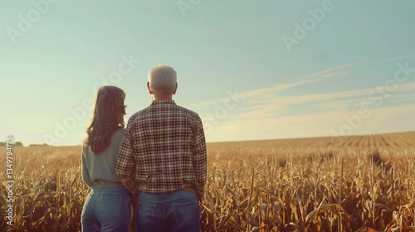 Fototapeta Man and child looking over a lush cornfield at sunset.