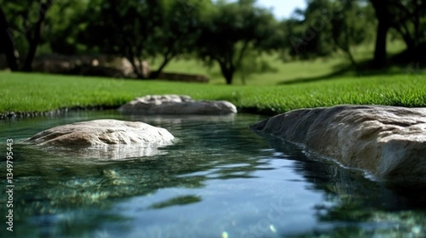 Fototapeta Tranquil water feature in a grassy landscape.  Small stones and rocks creating a shallow pool, surrounded by lush green grass and trees