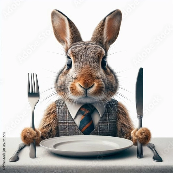 Obraz Anthropomorphic rabbit businessman ready for dinner with utensils and plate