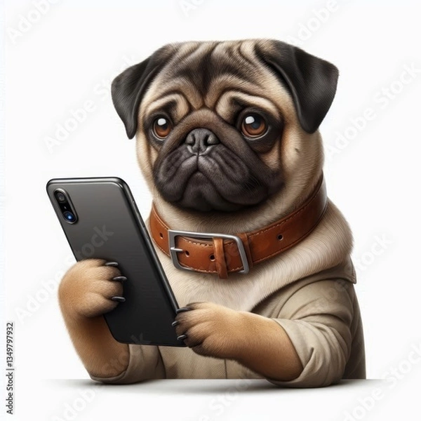 Obraz Adorable pug dog using a smartphone with a serious expression and human attire