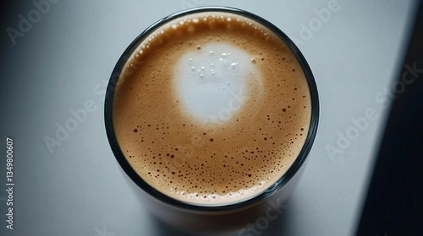 Fototapeta Elevated top-down view presenting a foamy latte inside a clear glass