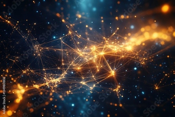 Fototapeta Electronic cosmic scene featuring glowing lights simulating stars, nebulae and galaxy clusters. Abstract digital background.