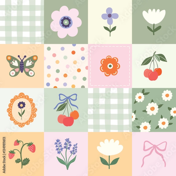 Fototapeta Spring and summer seamless pattern with fruits and flowers, vintage wallpaper 