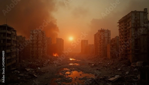 Obraz A wide shot of a desolate, war-torn city street with buildings on fire and smoke billowing into the sky. The setting sun casts an orange glow over the scene, creating a sense of impending doom. 