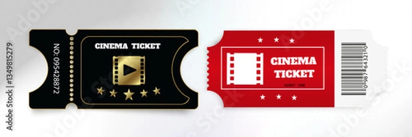 Fototapeta Cinema tickets with barcodes and film-themed design on transparent background with light effects.