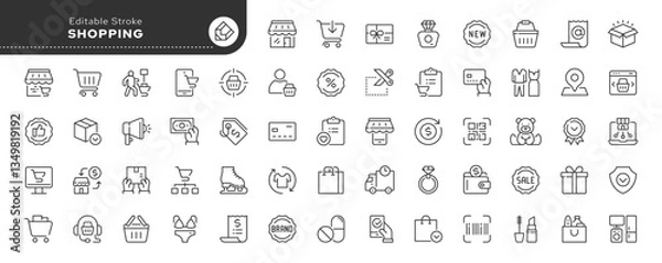 Obraz Shopping line icon set. Shop, store, cart, market, buyer, purchase, goods and more. Outline vector icon in linear style. Pictogram collection	