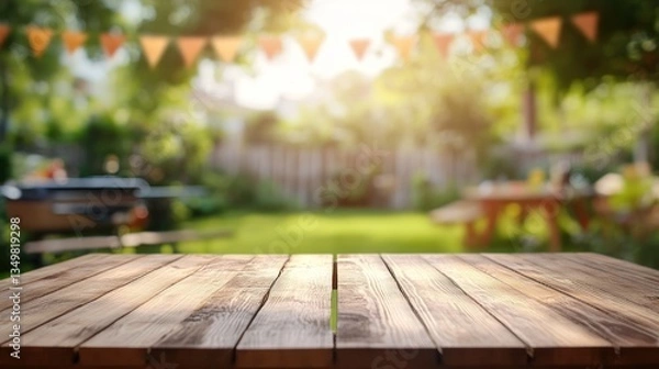 Fototapeta Wooden Table with Blurred Backyard Party Background