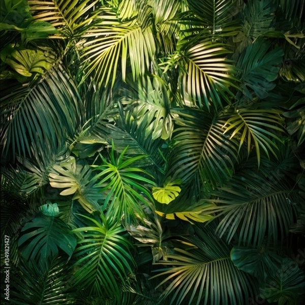 Fototapeta Tropical palm leaves branch out against a bright summer sky