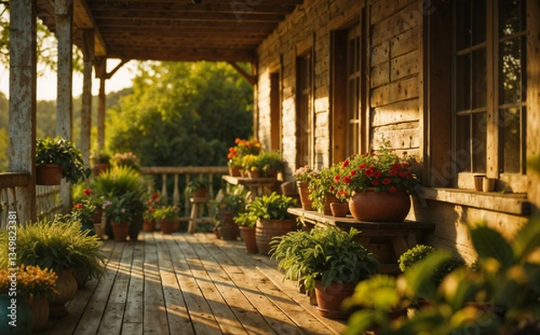 Fototapeta Colorful flowers in pots on a warm summer porch with wooden structure
