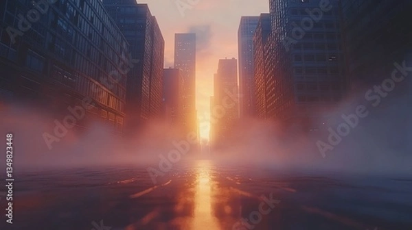 Obraz City street shrouded in fog with the sun setting in the background