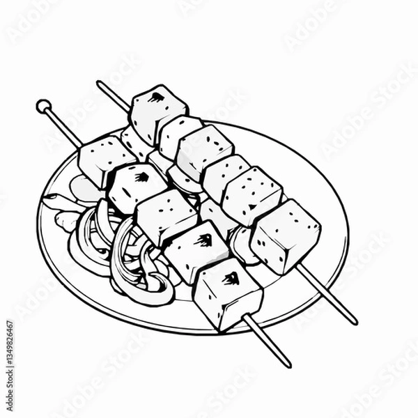 Fototapeta  black outline vector of a plate of paneer tikka skewers with grilled capsicum and onion