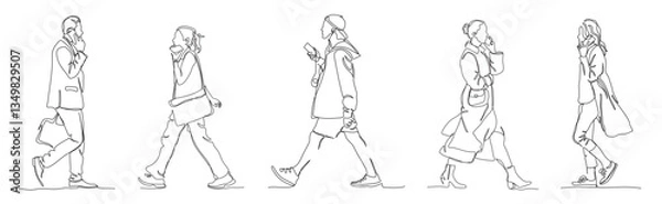 Fototapeta People men and women walking and talking on phone. Side view. Continuous line drawing. Black and white vector illustration in line art style.