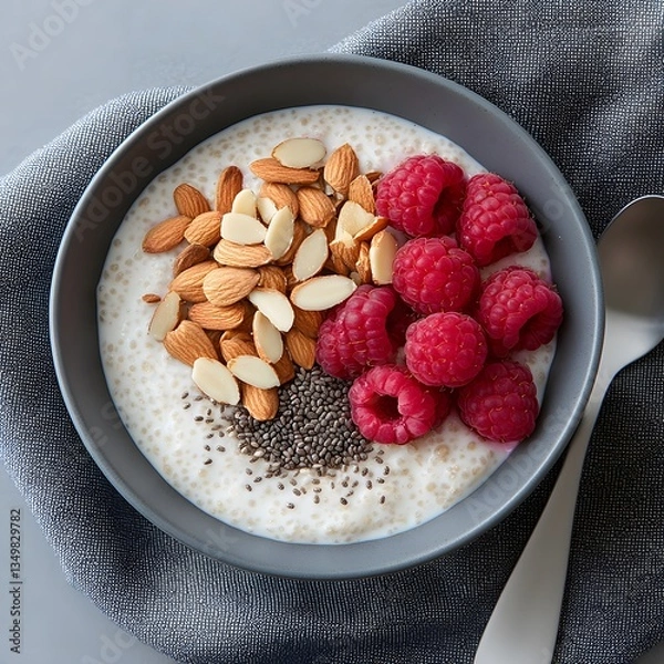 Fototapeta Healthy quinoa breakfast bowl with raspberries, almonds, and chia seeds on grey background for recipe blog