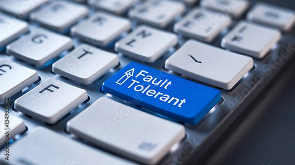 Obraz Fault Tolerant Computing Concept on a Keyboard Key, system reliability, high availability, data redundancy, disaster recovery, failover system, IT infrastructure, cloud computing, business continuity.