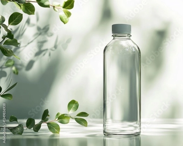 Obraz Pure Refreshment: A crystal-clear water bottle, with a simple cap, stands elegantly amidst fresh green leaves with blurred shadow. conveying a sense of purity, hydration, and natural well-being.