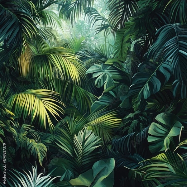 Fototapeta Tropical green leaves and fern fronds evoke summer nature