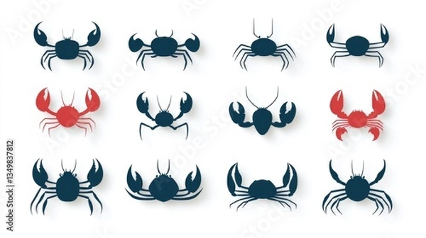 Fototapeta Crab silhouettes, various views, on white background