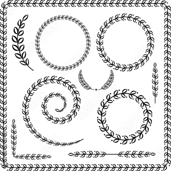 Fototapeta Set of 5 black and white decorative ethnic frames and borders of olive laurel branches with carved leaves. Design elements for certificates, books, labels, stickers, champion awards