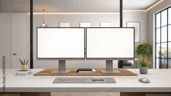 Fototapeta A modern workspace featuring dual monitors, a sleek keyboard, and a potted plant, highlighting a minimalist design and productivity-focused environment.