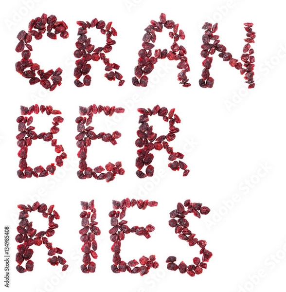 Fototapeta Cranberries caps writing with dried cranberry berries. Isolated on white background. Letters created with cranberry berries.
