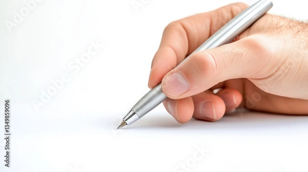 Fototapeta A hand with a silver pen is positioned just above a blank sheet of paper, ready to write. This moment captures the anticipation of creativity and the importance of putting thoughts into words