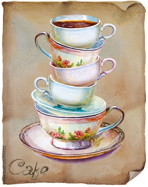 Obraz Party colorful tea cups and saucers on old paper closeup. Sketch handmade. Postcard for Valentine's Day. Watercolor illustration.