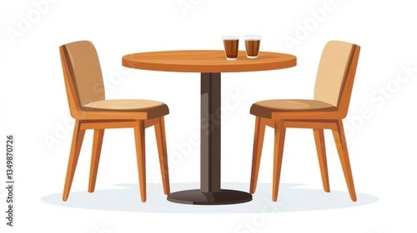 Fototapeta Empty cafe table with chairs, two drinks. Illustration for interior design, business, or education