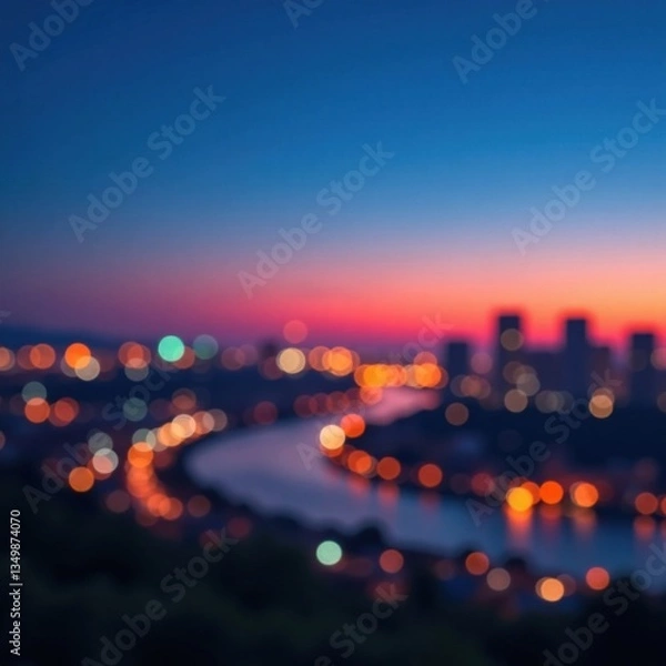 Fototapeta Cityscape at dusk with blurred lights and abstract circular bokeh on a deep blue background , evening scene, blurry effect