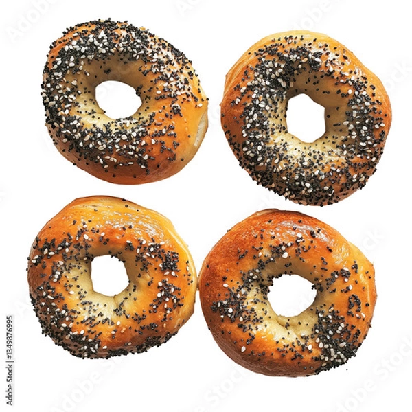 Fototapeta A variety of bagels arranged on a gray background, showcasing different shapes and textures.