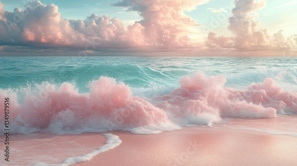 Obraz Pink beach sunrise, soft waves, pastel clouds