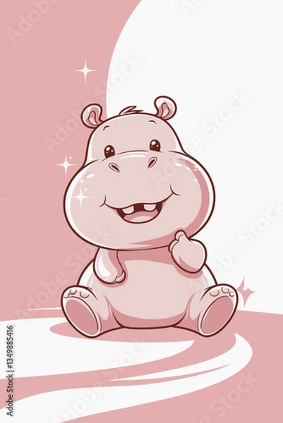 Fototapeta Adorable Cartoon Hippo with a Cheerful Expression on Soft Pink Background