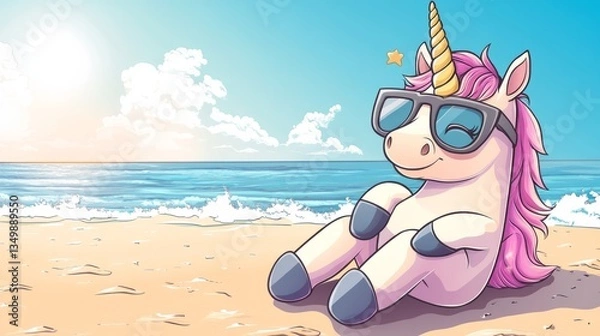 Fototapeta Playful unicorn on a sunny beach, embodying summer vacation vibes, copy space for text