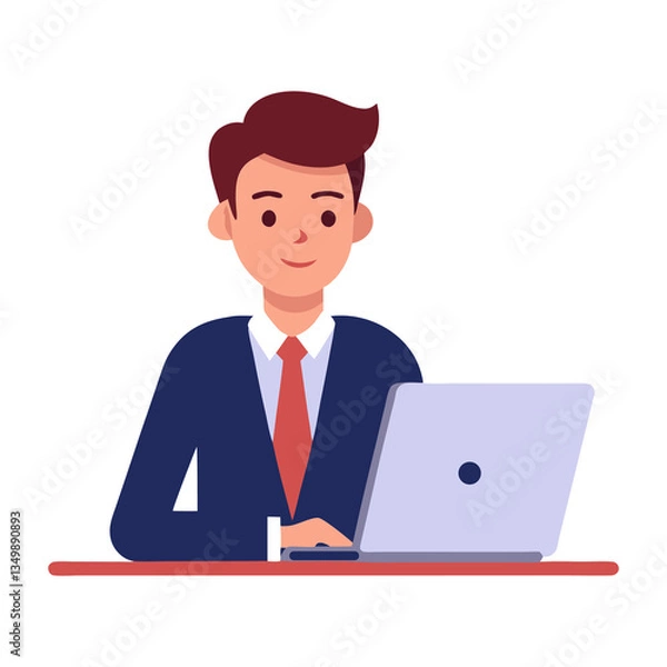Fototapeta Confident Businessman – Working on Laptop at Modern Desk in Clean Vector Style on Transparent Background