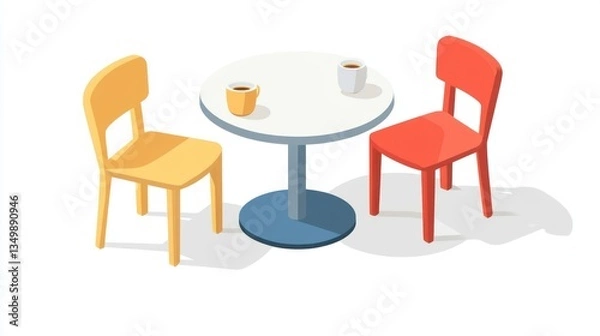 Fototapeta Colorful cafe table and chairs isometric illustration