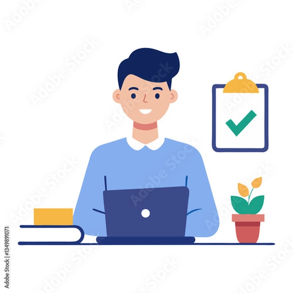 Fototapeta Online Learning Setup – Student Using Tablet for Virtual Classes in Simple Vector Style on Transparent Background
