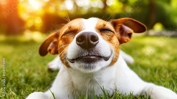 Fototapeta Content dog laying comfortably in the lush green grass enjoying the soft lighting and warm sunshine in a cheerful outdoor environment.
