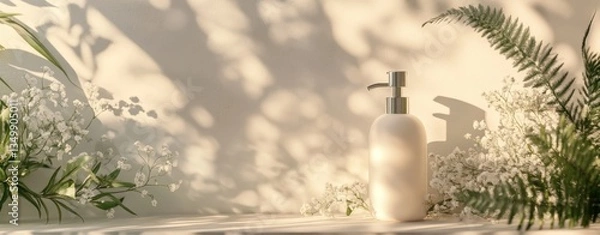 Fototapeta Spa serenity: A minimalist bathroom scene, featuring a dispenser bottle surrounded by soft sunlight and shadow play with fresh fern and delicate floral accents.