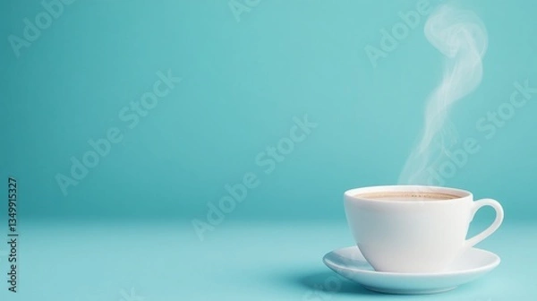Fototapeta Cup of steaming coffee on turquoise surface