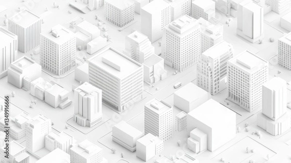 Fototapeta Abstract isometric view of a white city skyline with buildings, roads, and vehicles.