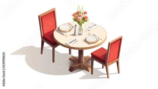 Fototapeta Isometric illustration of a restaurant table with chairs and flowers. Royalty-free vector image for dining design