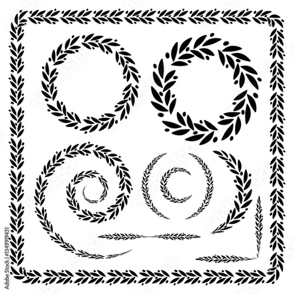 Fototapeta Set of 6 black and white decorative ethnic frames and borders of olive laurel leaves. Design elements for certificates, books, labels, stickers, champion awards