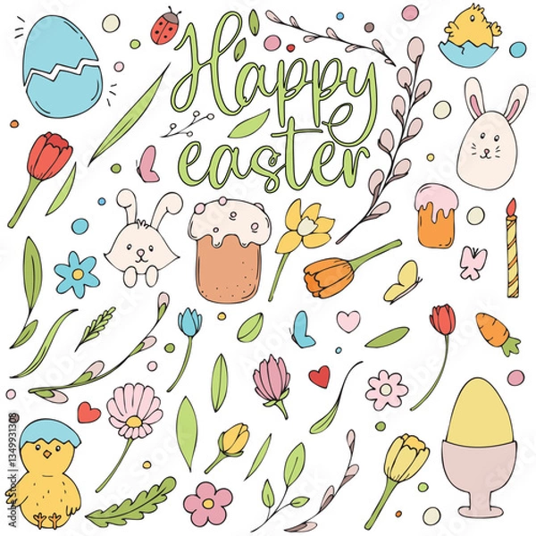 Fototapeta big easter spring set - kulich, eggs, candle, flowers, willow, twigs, rabbits and chickens, vector color isolated design element, hand drawn doodle element, for kids