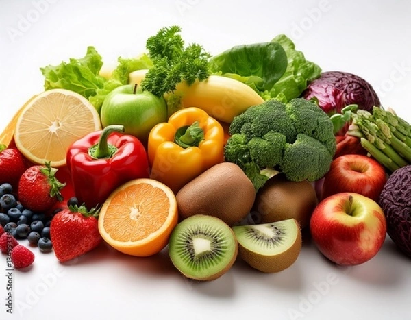 Fototapeta Fresh fruits and vegetables for detox, white background