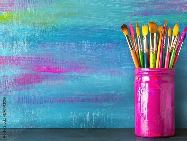 Fototapeta Vibrant pink jar filled with colorful paintbrushes set against a teal and pink textured backdrop for artistic inspiration 120 chars