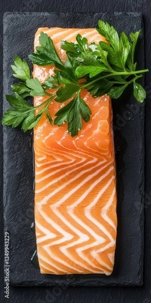 Fototapeta Glistening honey-glazed salmon fillet on dark slate plate, garnished with fresh parsley sprigs for culinary delight display