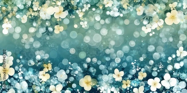 Fototapeta Dreamy teal backdrop with glowing screens and delicate watercolor blossoms, creating an abstract and colorful visual experience