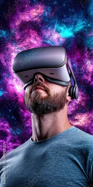 Fototapeta A Bearded Man Immersed in a Vibrant Cosmic Digital Realm while Experiencing Virtual Reality with a Sleek VR Headset