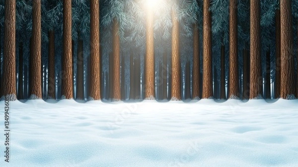 Fototapeta Sun Rays Shine Through Snowy Pine Forest Creating a Peaceful Idyllic Winter Landscape for Serene Atmosphere Photography Stock